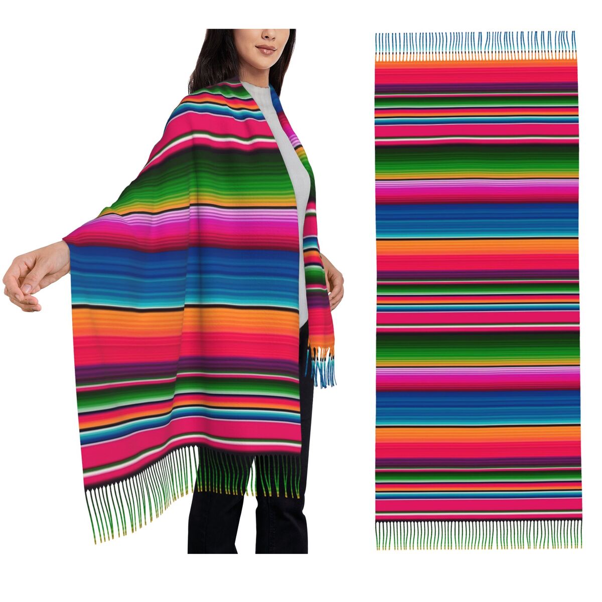Woven Scarf Blanket - メキシカンブランケット ストライプ フィエスタ セラペ スカーフ タッセル