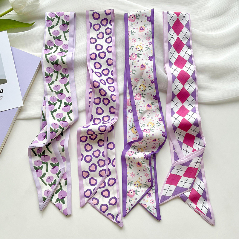 Ascot Neck Scarf - 新作高級ナローショートレディースシルクスカーフヘアストリップシルクリボンスモールネックスカーフバッグハンドルリボンスカーフハンカチレディースネクタイ