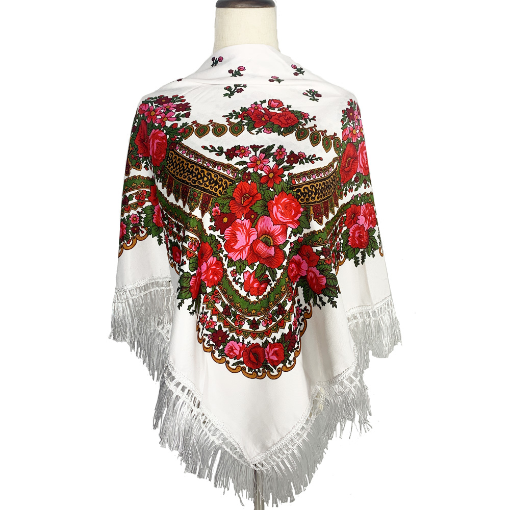 Bandana Cotton - 120*120 センチメートルレトロ花柄プリントビッグスクエアバンダナロシアフリンジショール女性のヘッドスカーフバブーシュカスカーフエスニックパシュミナ