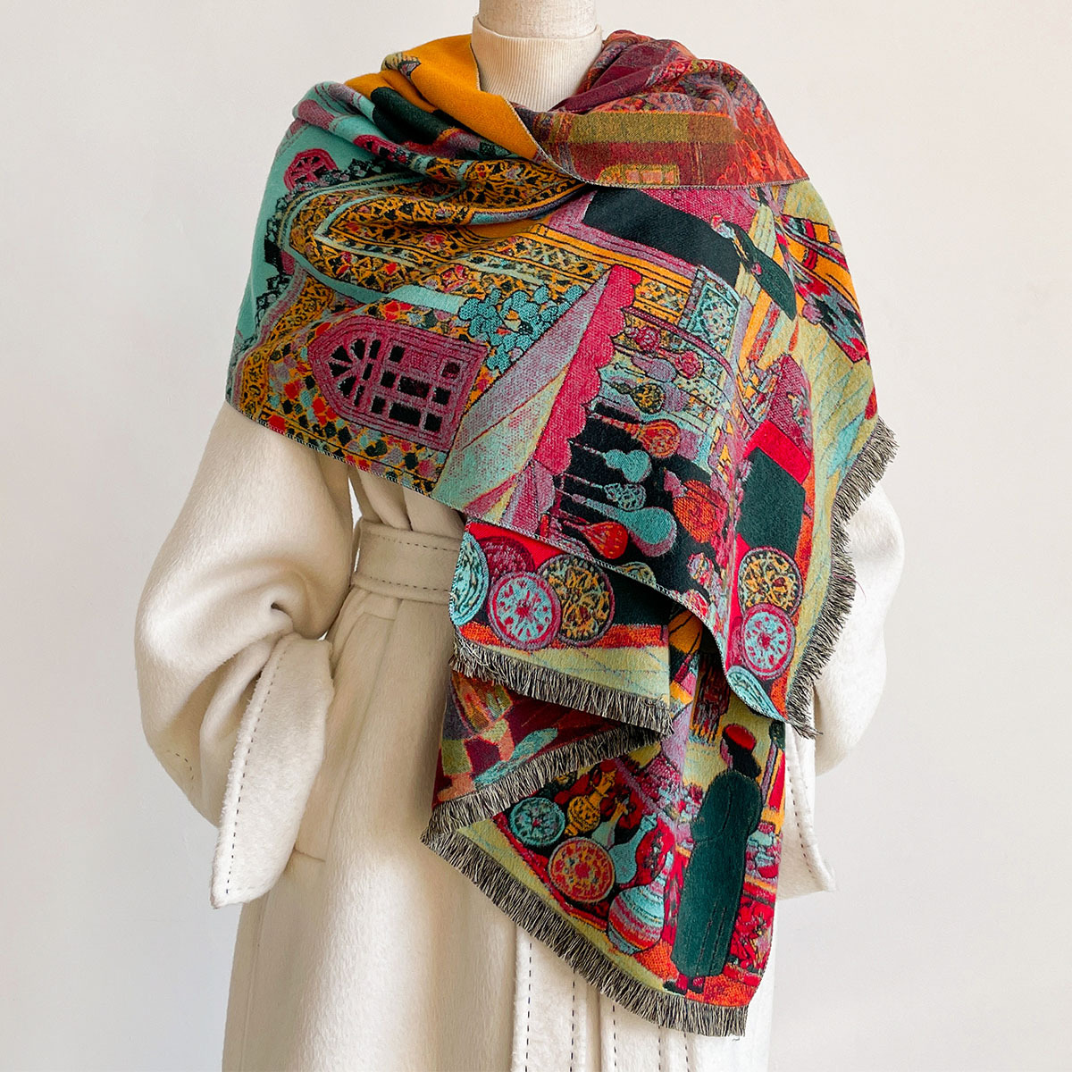 女性用イミテーションカシミヤスカーフ リバーシブルケルチーフ - Woven Scarf Blanket のレビューと価格